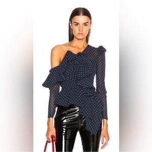 Self-Portrait Navy Polka Dot One-Shoulder Blouse